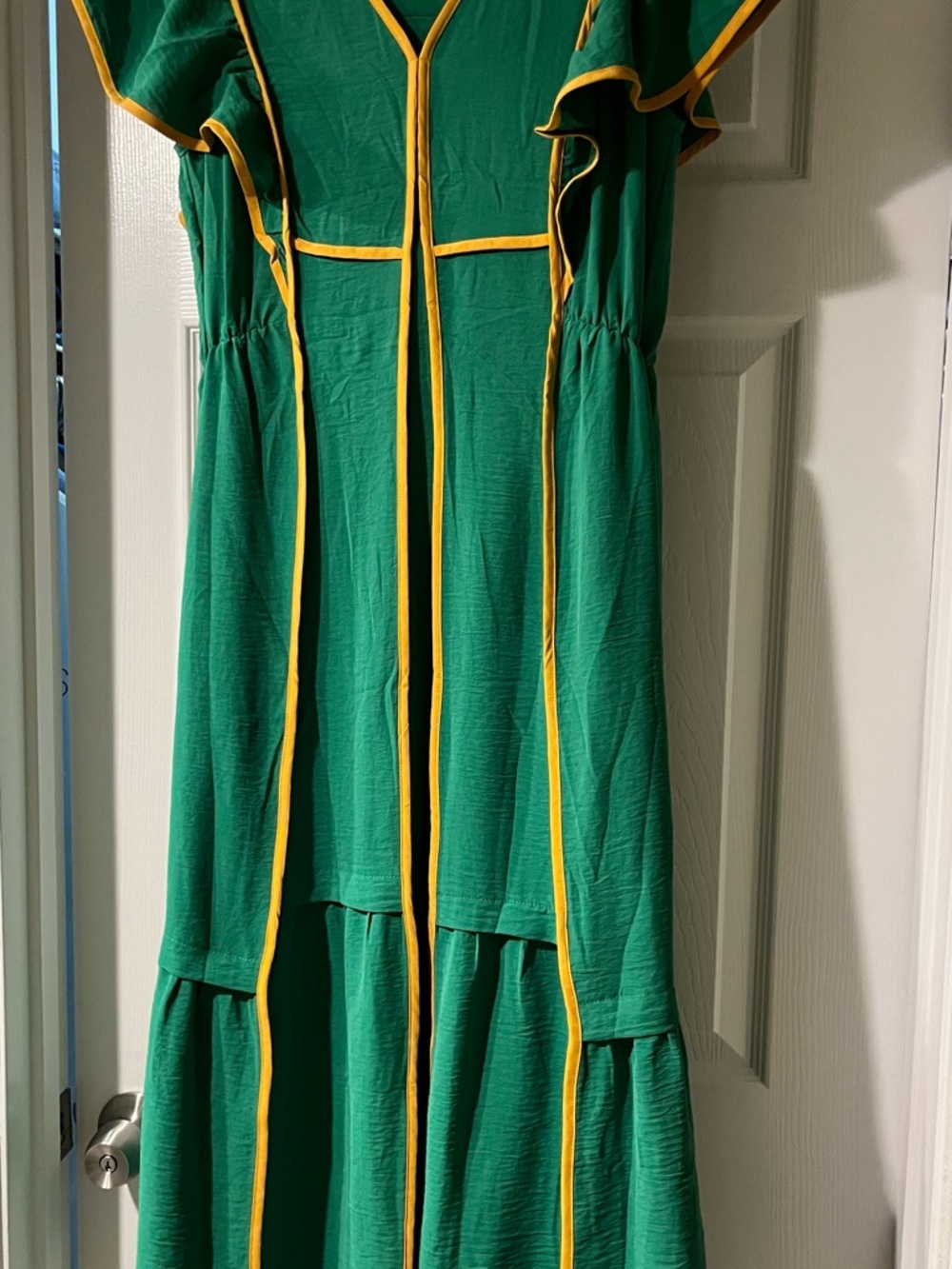 Green Ruffle Trim Maxi Dress with Yellow Piping